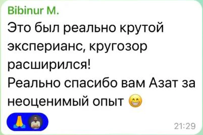 Отзыв: Bibinur M. — скриншот сообщения из Telegram