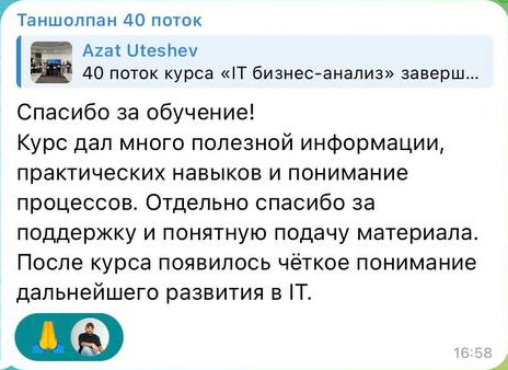 Отзыв: Таншолпан · 40 поток · IT Бизнес-анализ — скриншот сообщения из Telegram